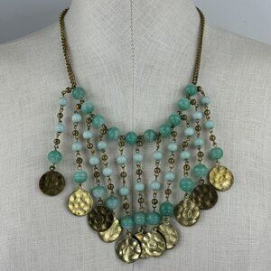 Vtg Multi-Strand Faux Jade Beaded Necklace 21" Brass Discs Art Deco Statement